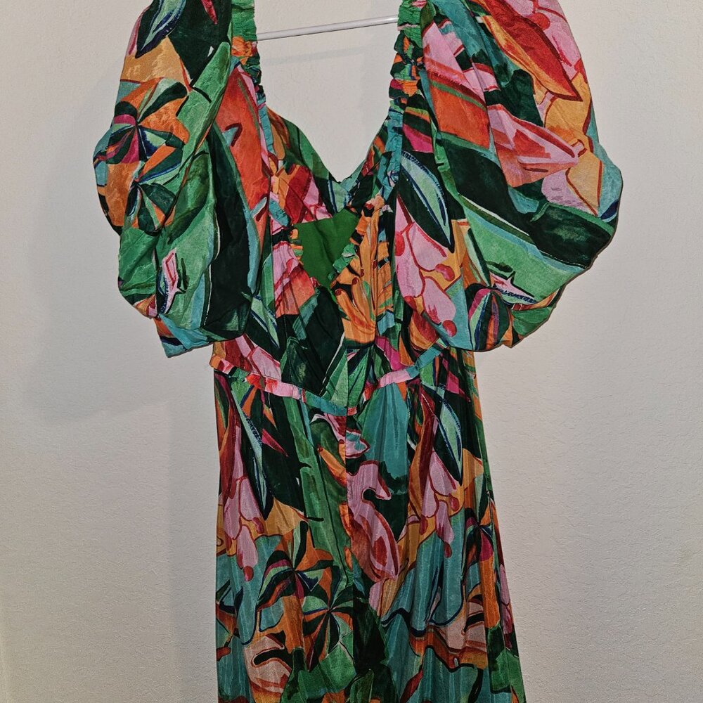 FARM Rio Green Tropical Print Midi Dress with Orange & Pink Accents - Picture 12 of 13
